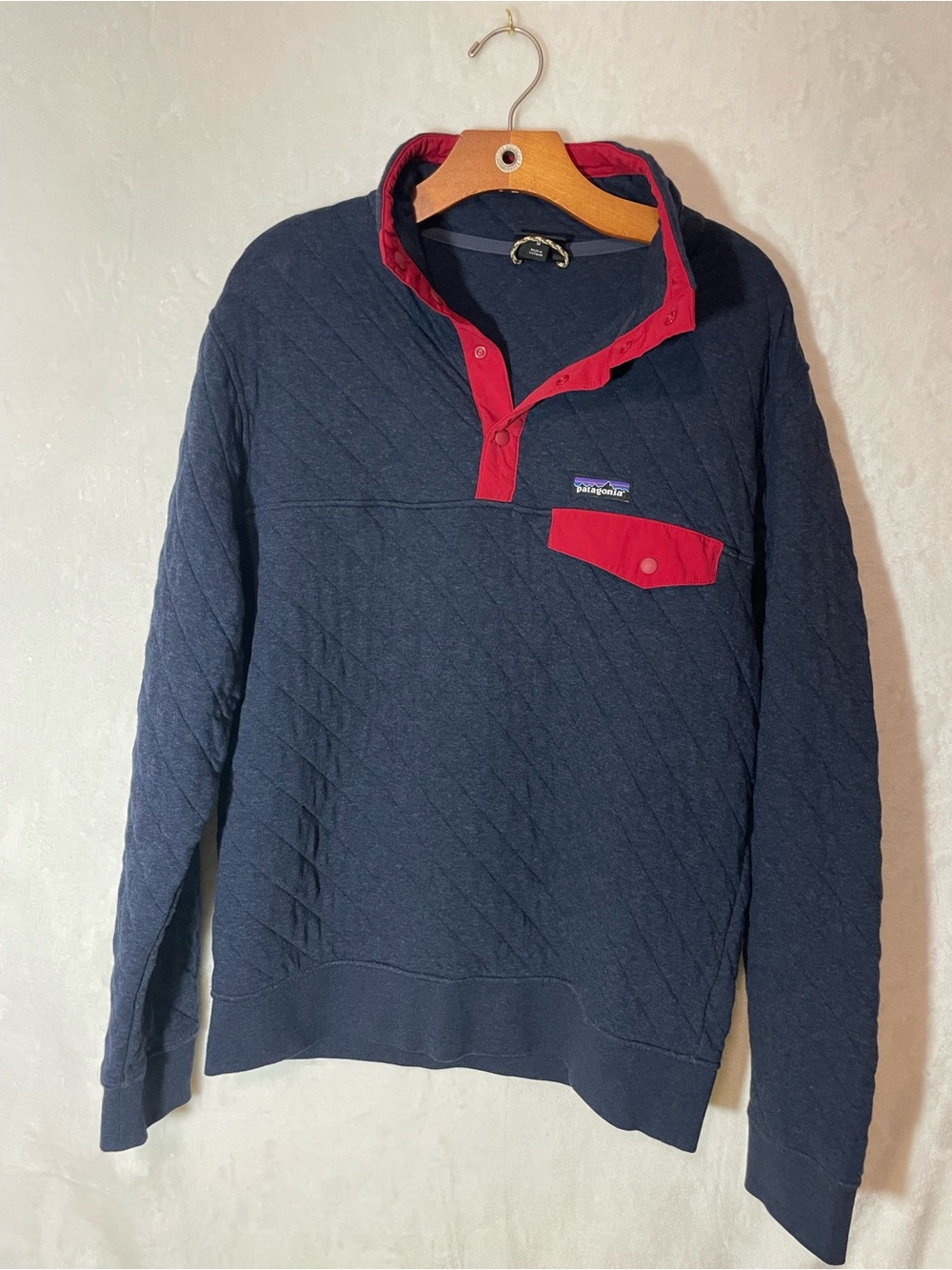 Patagonia Men's Navy Quilted Pullover with Red Snap Trim